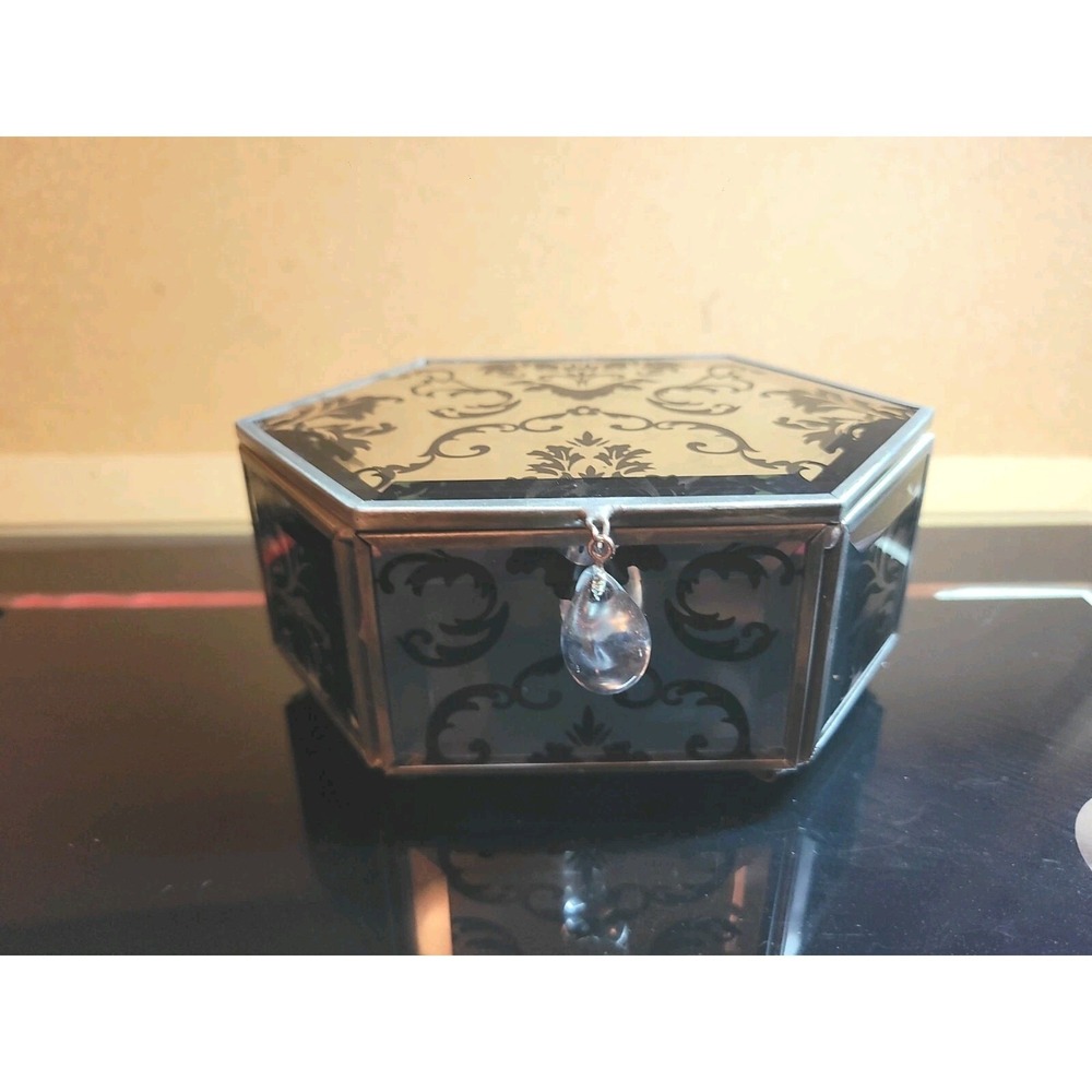 Flower Design Mirrored Jewlery Box Glass W/ Crystal Velvet Lined